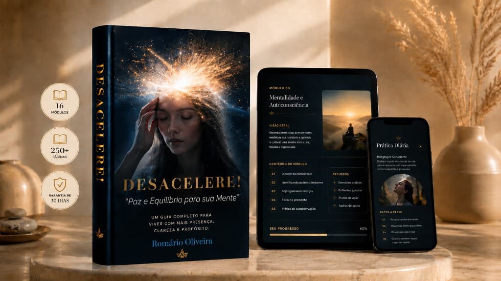 Mockup completo do Desacelere! — livro, tablet e celular com o conteúdo digital